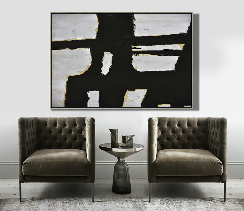 Original Abstract Painting Canvas Art,Horizontal Palette Knife Minimal Canvas Art Painting Black White Beige - Hand-Painted Contemporary Art